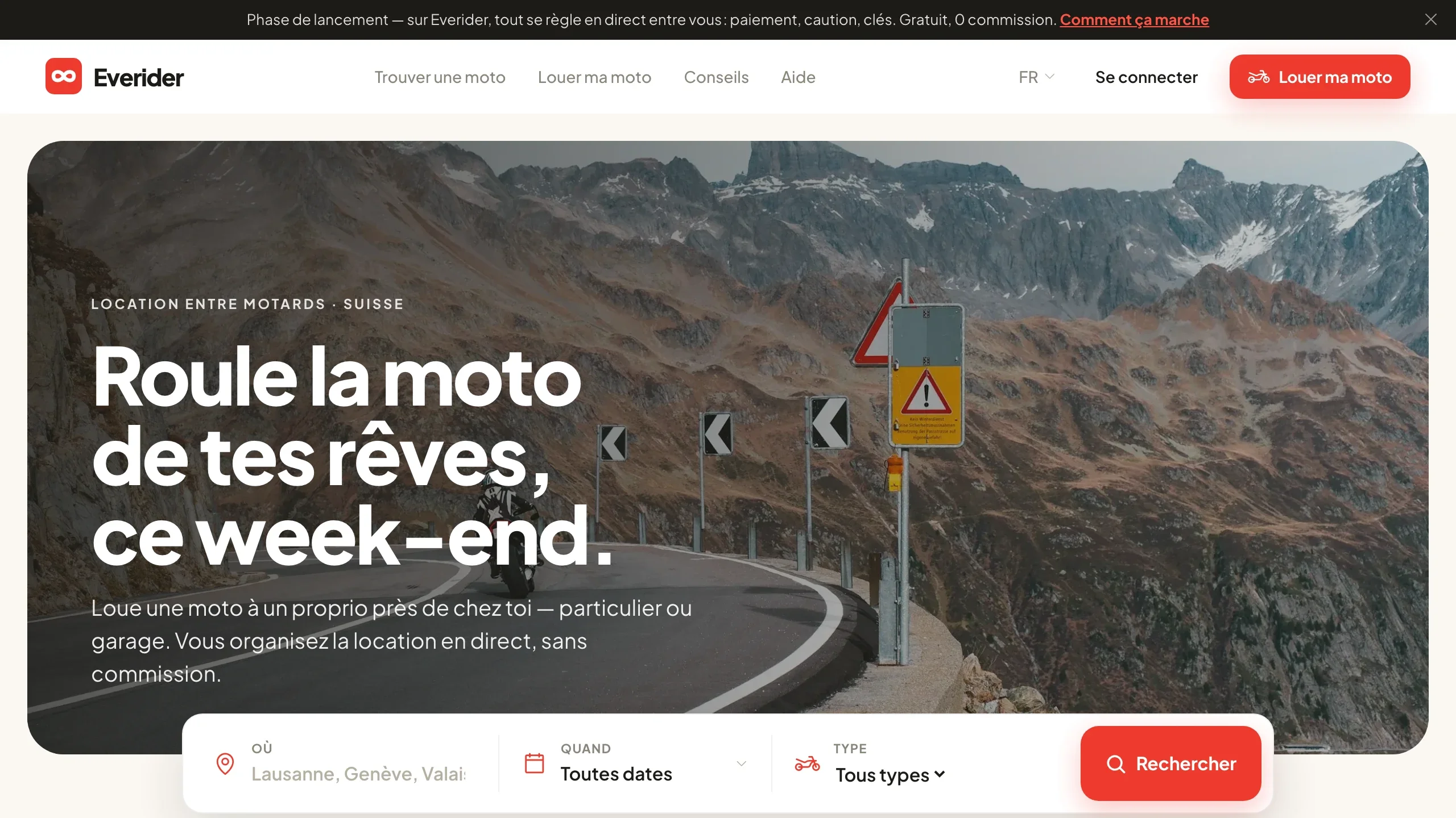 Everider · location de moto P2P — site réalisé par Voren